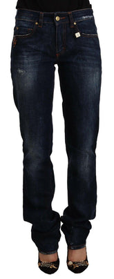 GF Ferre Dark Blue Washed Mid Waist Cotton Denim Straight Jeans -   -  GF Ferre.